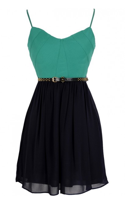 Navy Pier Belted Green and Navy Dress
